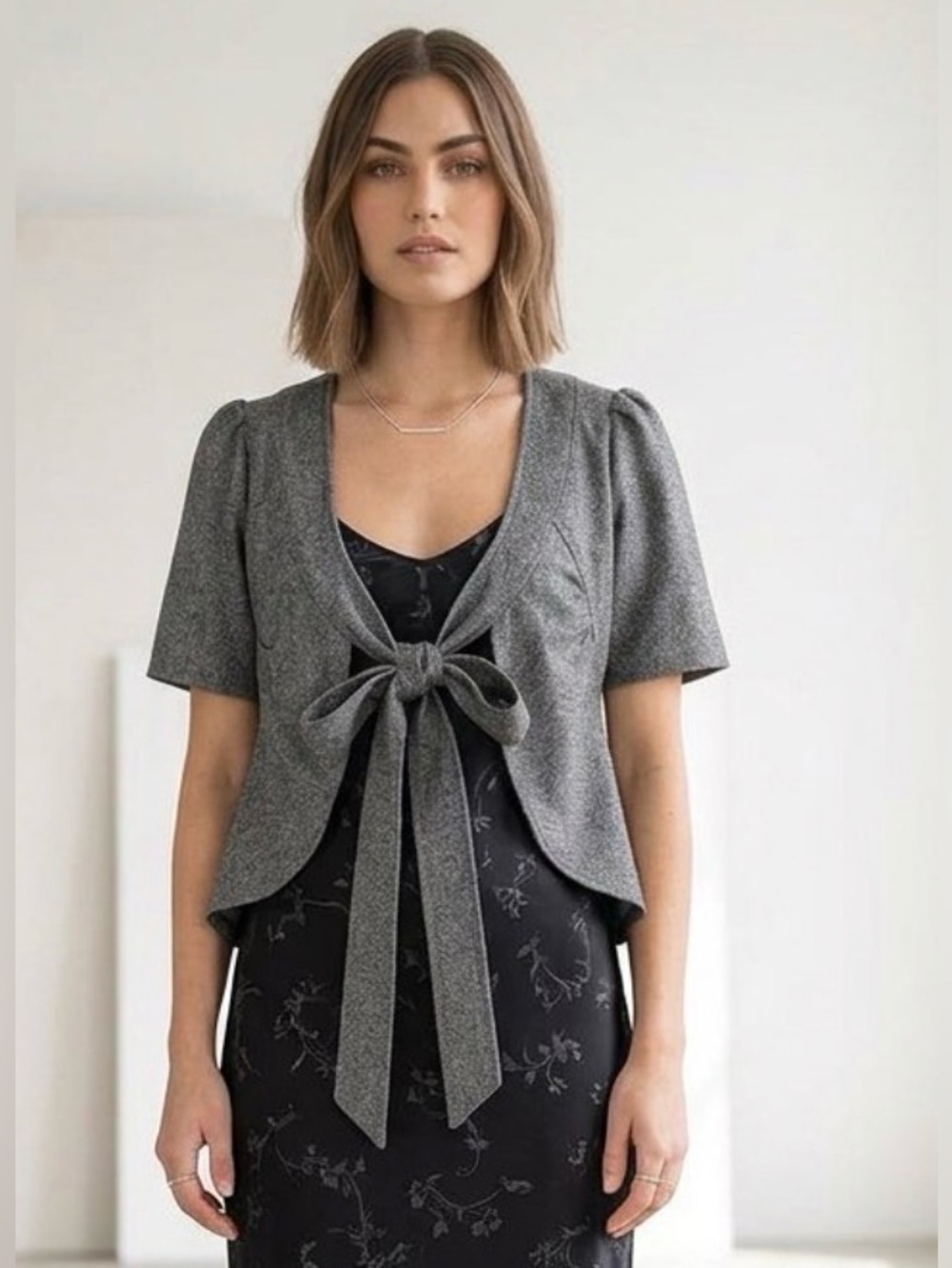 Gray Tie-Front Short Sleeve Women's Top